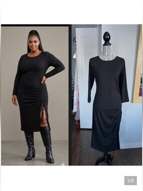NWT 1X Rib Knit Side Ruched Midi Dress. Plus Size. Black.